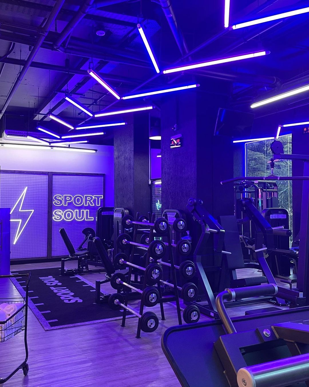 Salão da Sport Soul com neon no teto e o raio da marca na parede